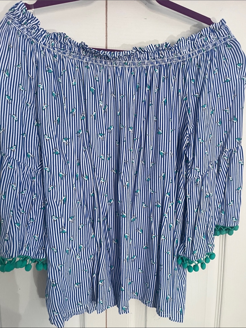 Blue Striped Off-Shoulder Top with Green Trim